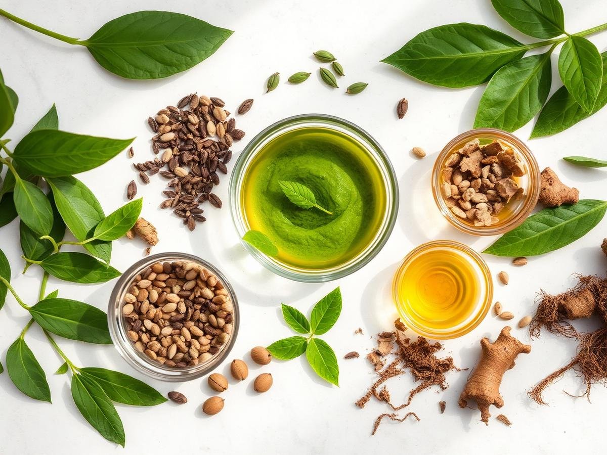 Natural herbs, leaves, seeds and food-based extracts on a white surface