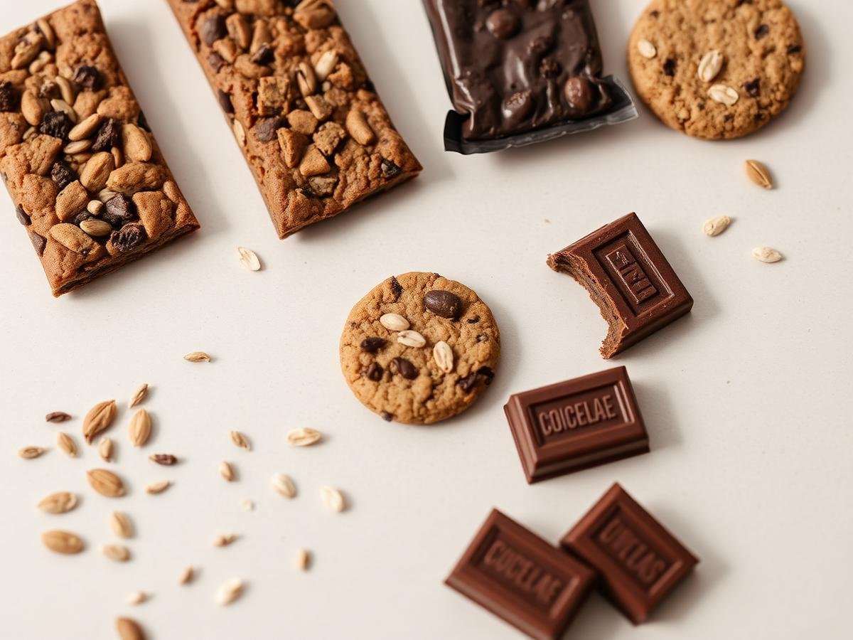 Nutrition bars, functional cookies and nutrition chocos on a light surface