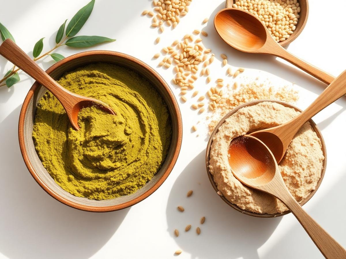 Green moringa powder and plant protein powder with wooden scoops and millets