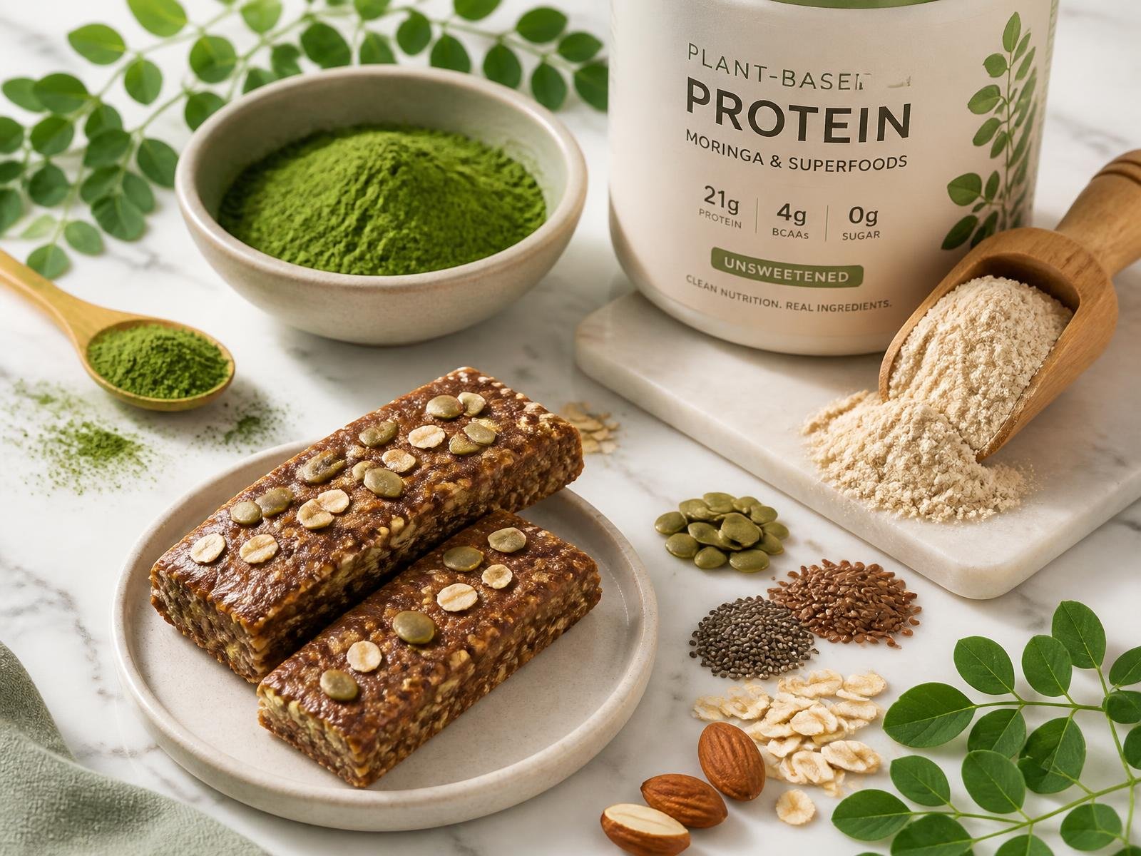 Nutrition bars, moringa powder, plant-based protein powder, seeds and natural ingredients